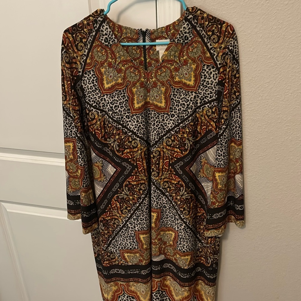 Chicos sz 2 long sleeve dress animal print geometric safari